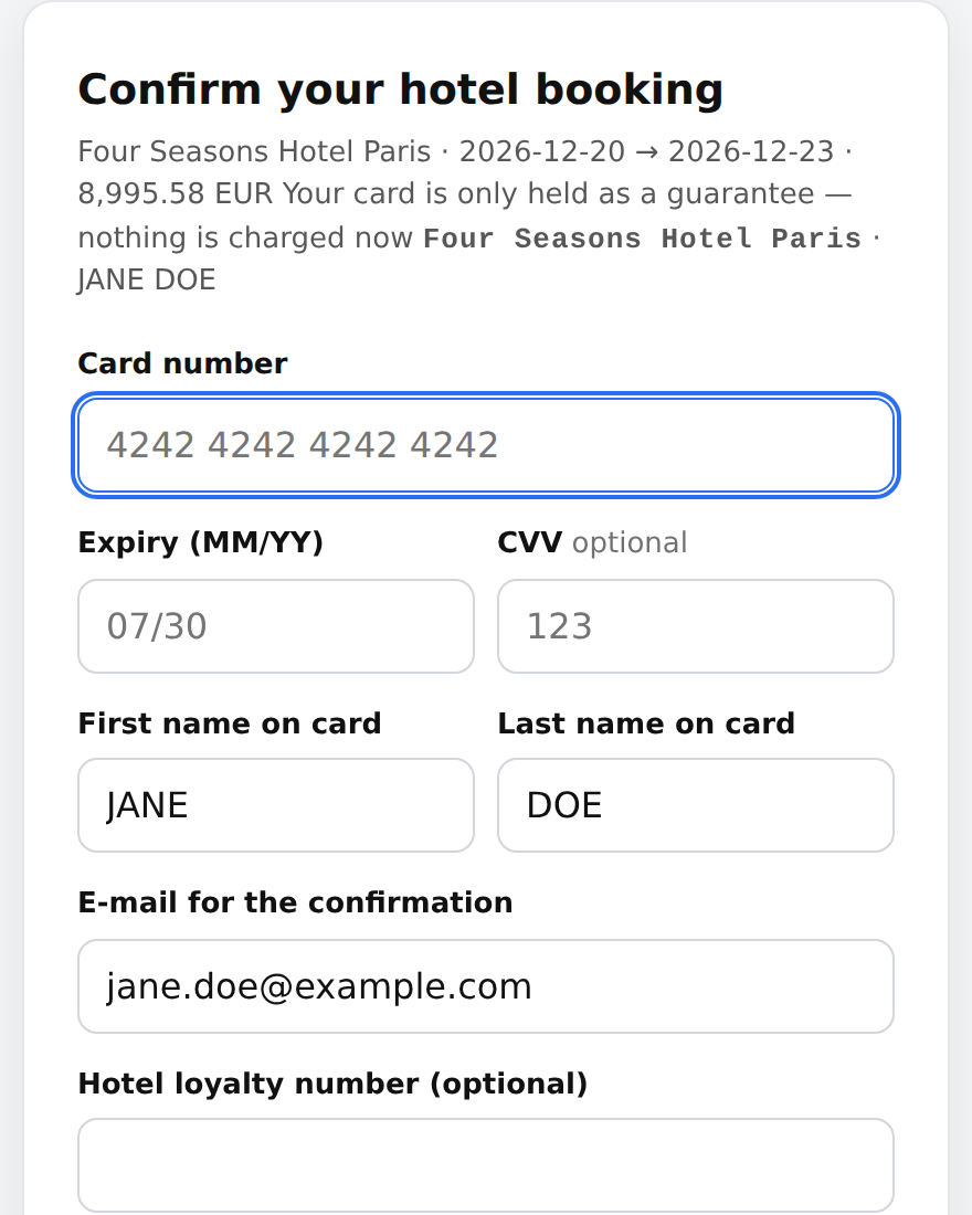 The one-time payment page: total, card fields, loyalty number and the terms to accept